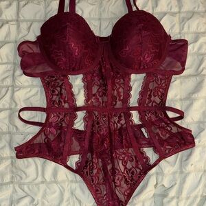 Burgundy lace lingerie one piece